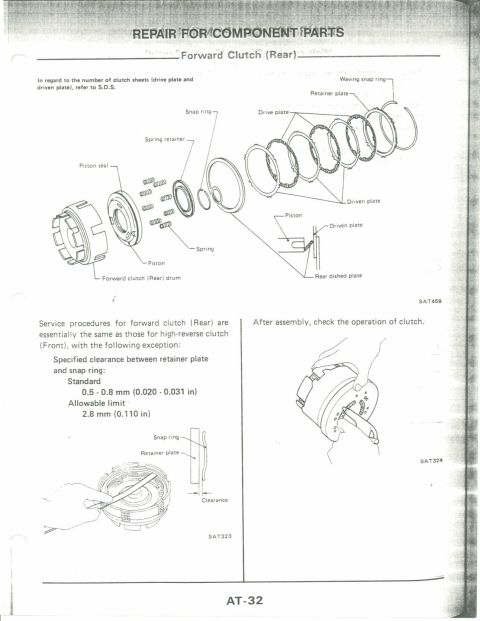 1990 Nissan Micra - Diagram illustrates repair procedures for a forward clutch assembly, detailing component parts and clearances.