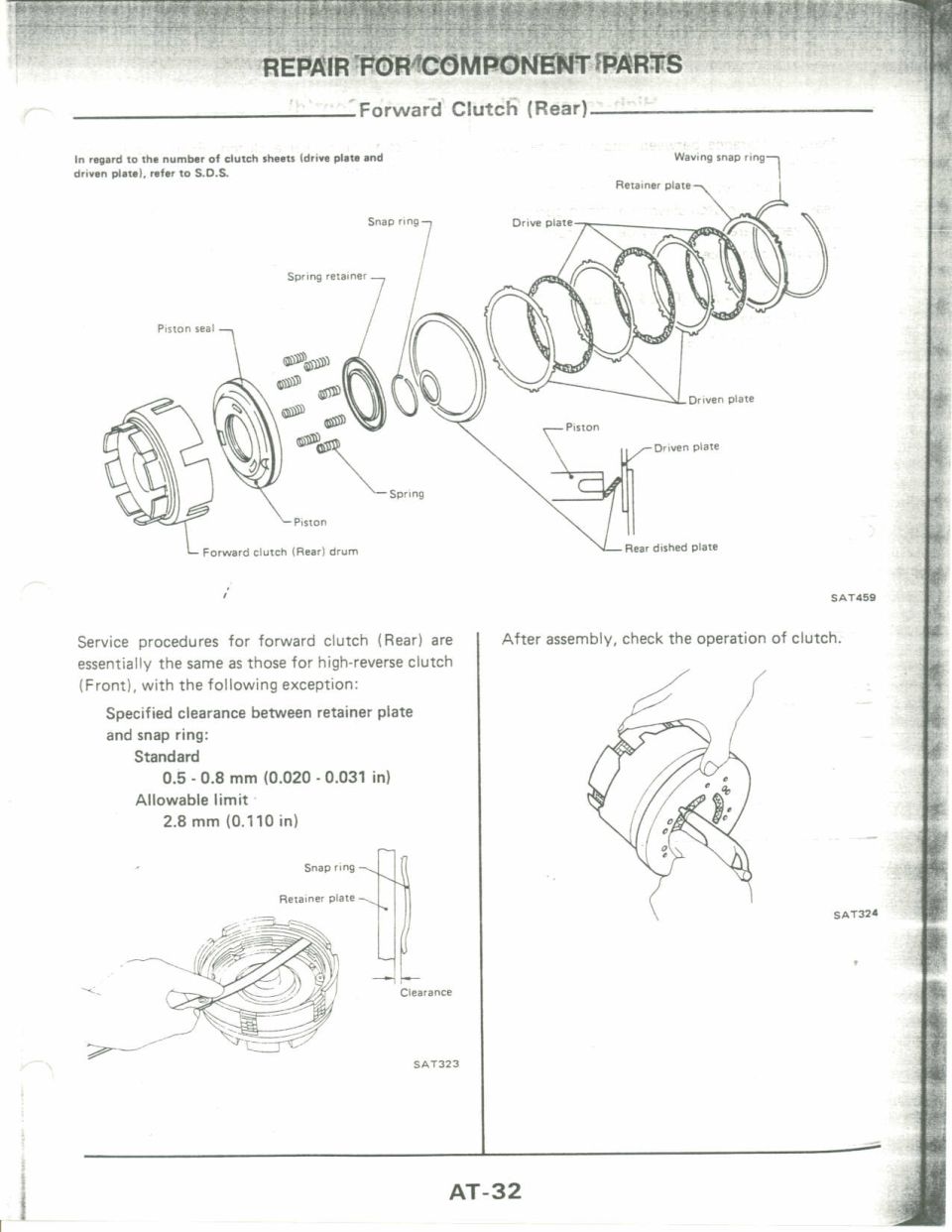 Forward clutch exploded diagram with piston, springs, drive and driven plates, snap rings plus service notes
