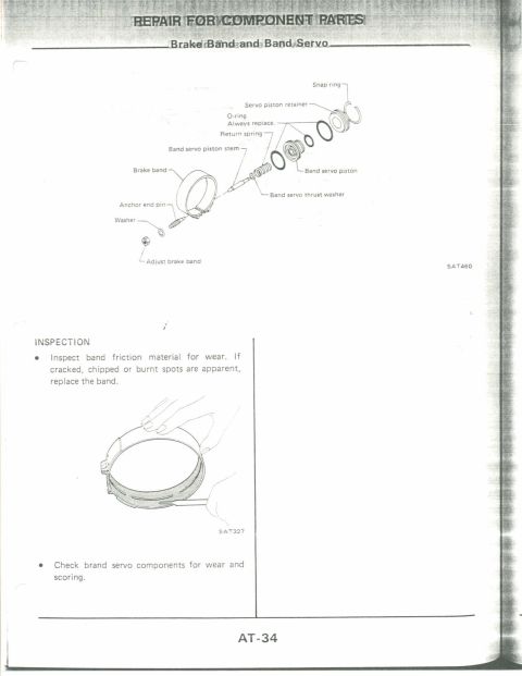 1990 Nissan Micra - Repair manual page details brake band and band servo inspection with diagrams and text.