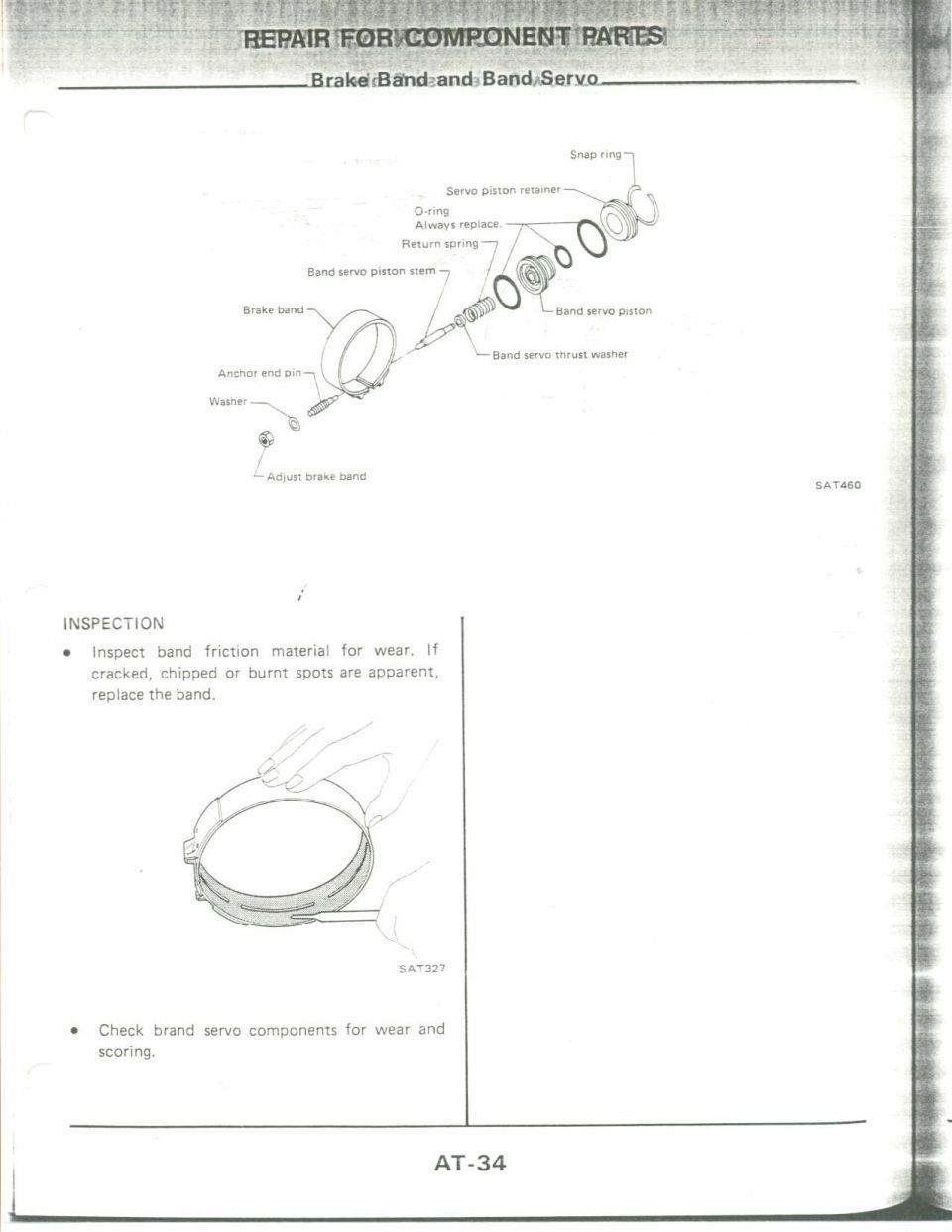 Brake band and band servo exploded diagram with servo piston, springs, O-rings, washer plus band inspection figure