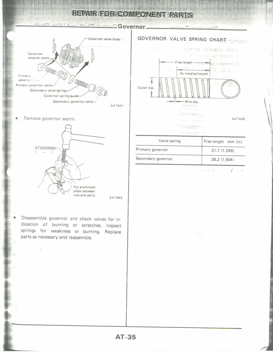Service manual page on transmission governor valve with exploded diagram and spring chart
