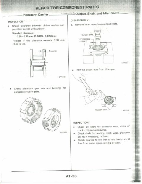 1990 Nissan Micra - This document page shows diagrams and instructions for inspecting and disassembling transmission components.