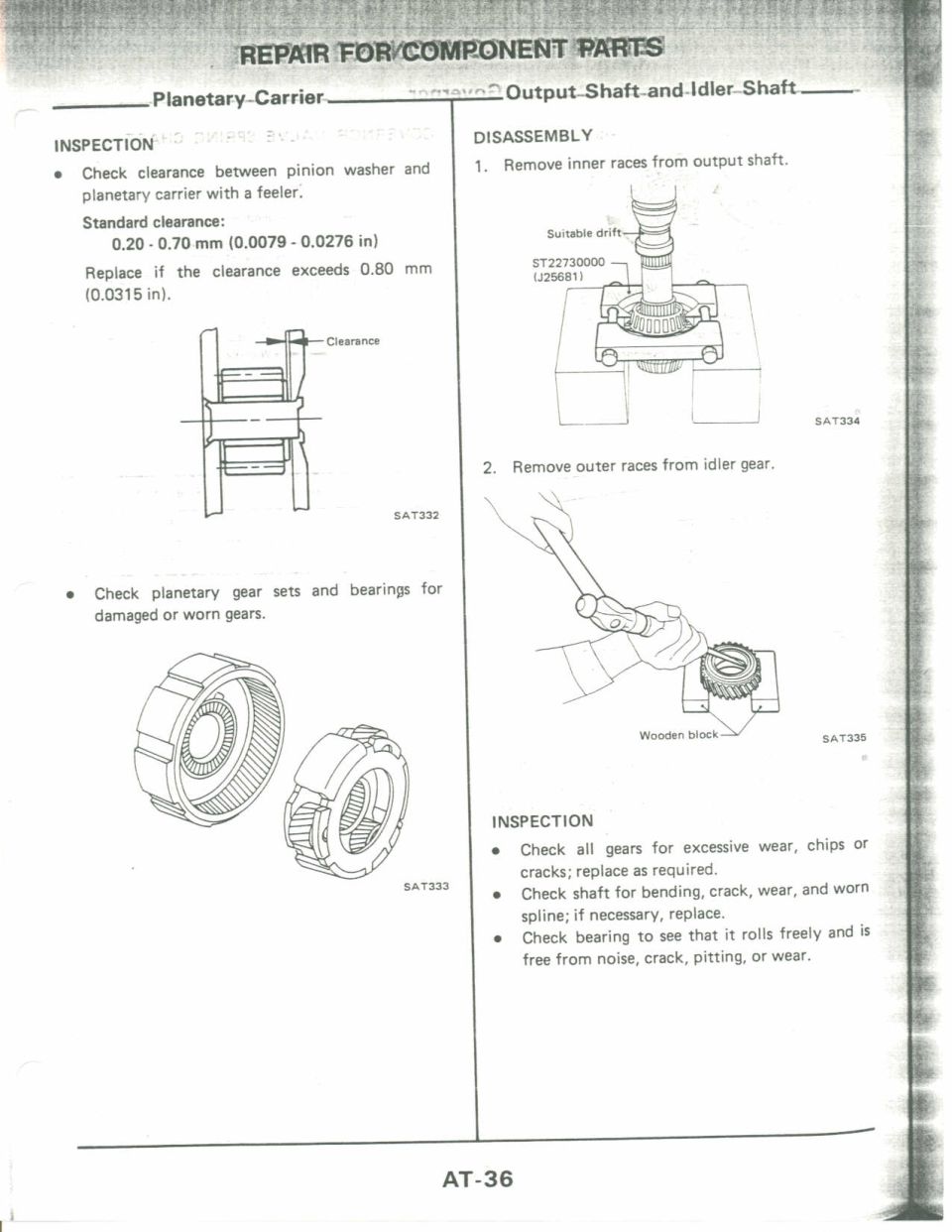 Service manual page AT-36 on transmission planetary carrier inspection and output shaft disassembly