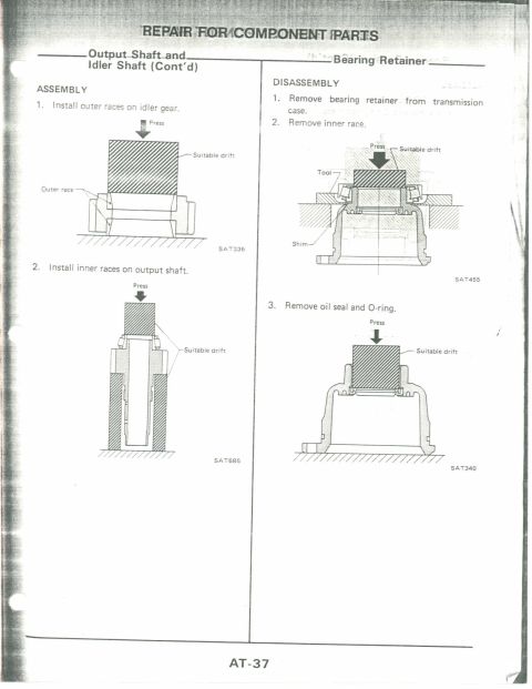 1990 Nissan Micra - This document page details repair procedures for component parts, specifically the output shaft and bearing retainer.