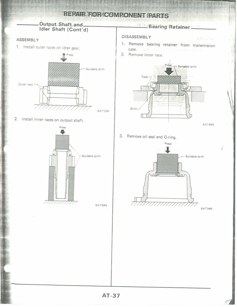 Service manual page AT-37 showing transaxle output shaft and bearing retainer procedures