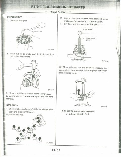 1990 Nissan Micra - This document outlines the steps for disassembling and inspecting the final drive, including measurements for side gear to pinion mate clea…