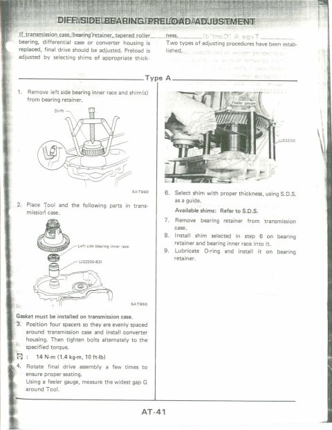 1990 Nissan Micra - This document details the procedure for adjusting differential side bearing preload, including diagrams of the process.