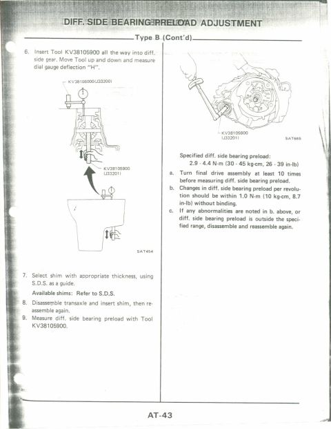 1990 Nissan Micra - This document details the differential side bearing preload adjustment procedure, including specific tools and measurements.