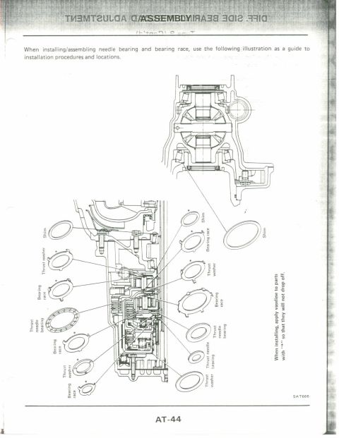 1990 Nissan Micra - Service manual page AT-44 details bearing assembly installation procedures and component identification.