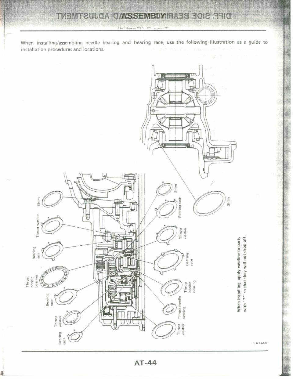 Differential side bearing assembly cutaway and exploded layout of needle bearings, races and thrust washers labeled