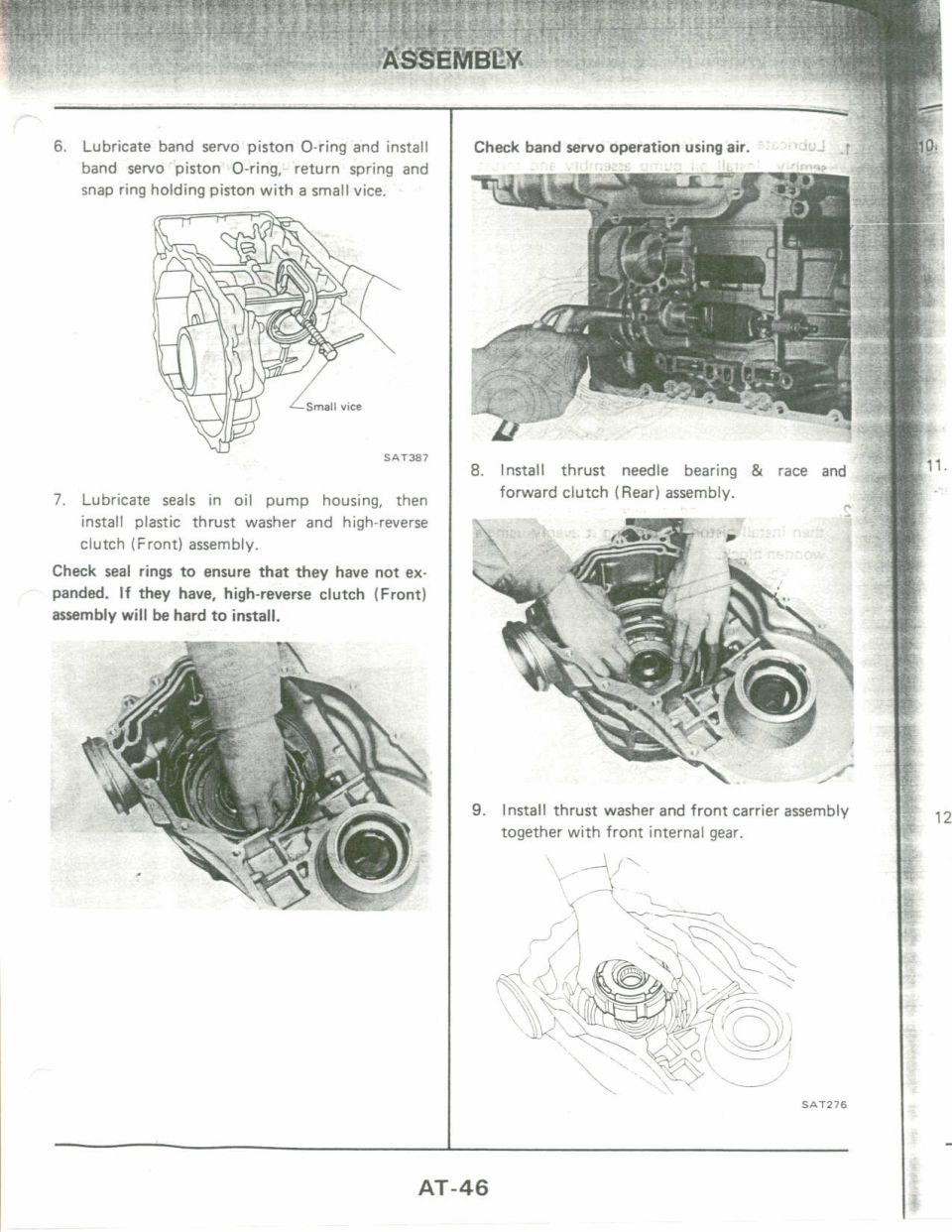 Transmission assembly manual page AT-46 with diagrams and photos of internal components.
