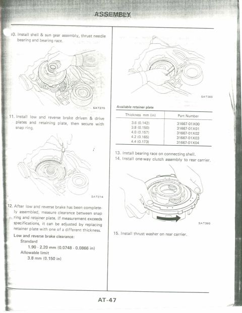 1990 Nissan Micra - This diagram illustrates the assembly process for a vehicle's transmission, including part installation and critical measurement specificat…
