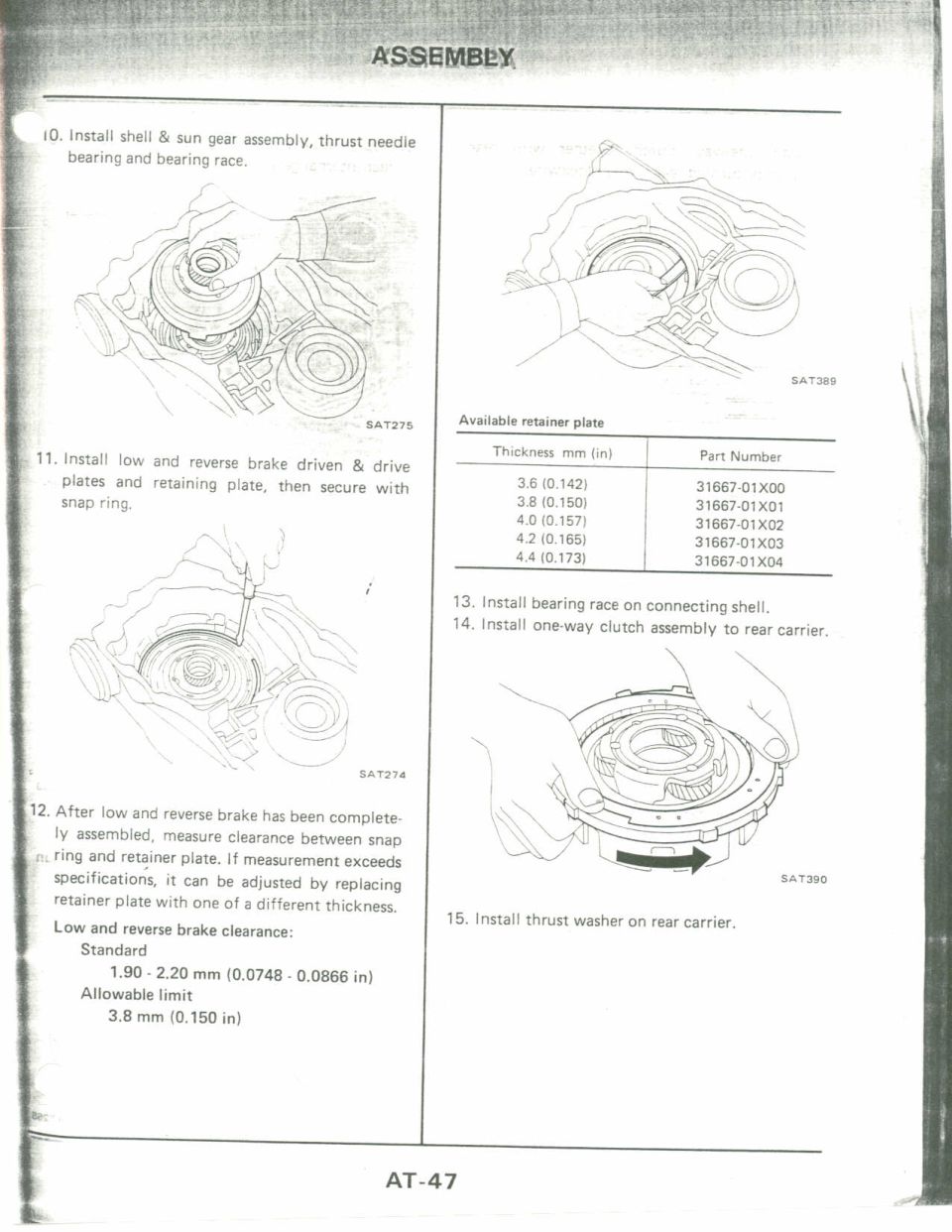 Assembly steps: install sun gear, low/reverse brake plates, measure clearance, one-way clutch, with retainer plate table