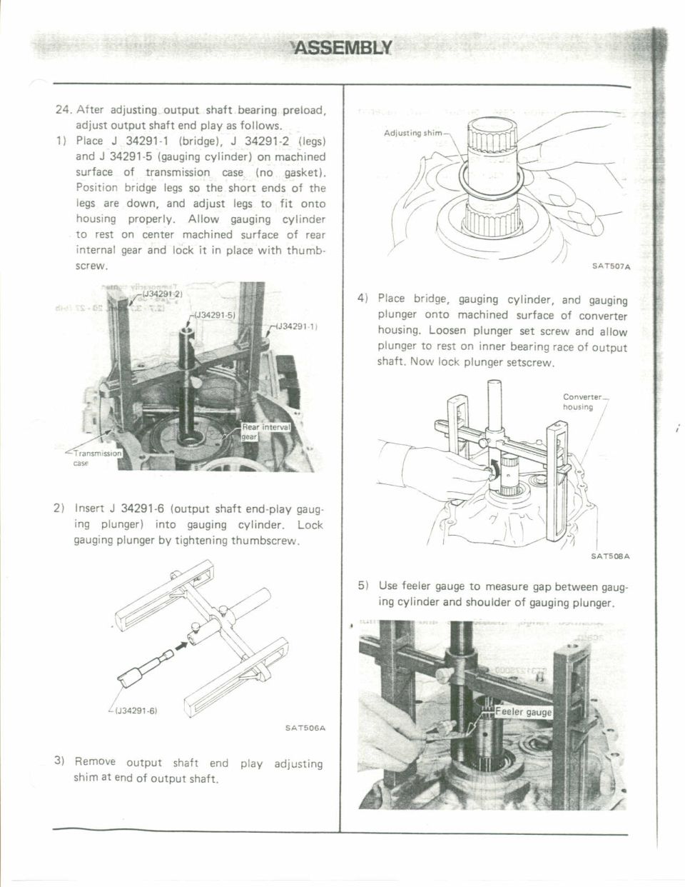 ASSEMBLY page showing output-shaft end-play adjustment steps using gauging tools