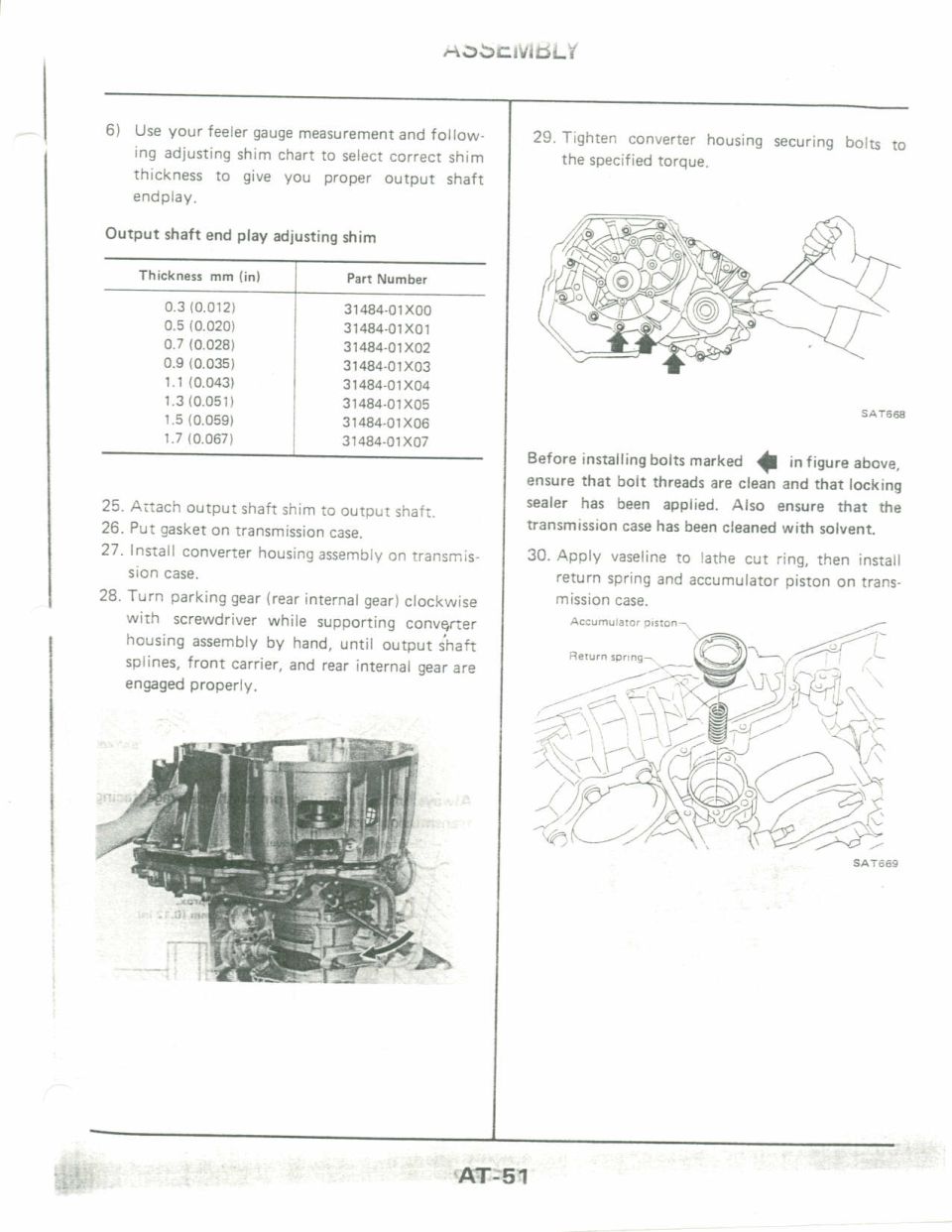 Output shaft end play adjusting shim chart and converter housing assembly procedure