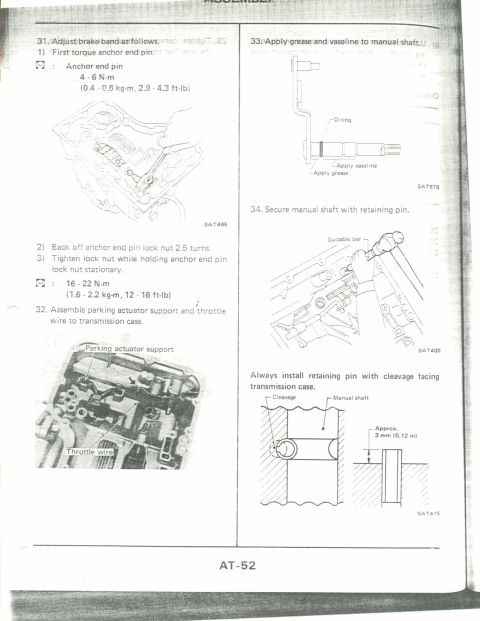 1990 Nissan Micra - Service manual pages detail brake band adjustment and manual shaft assembly procedures.