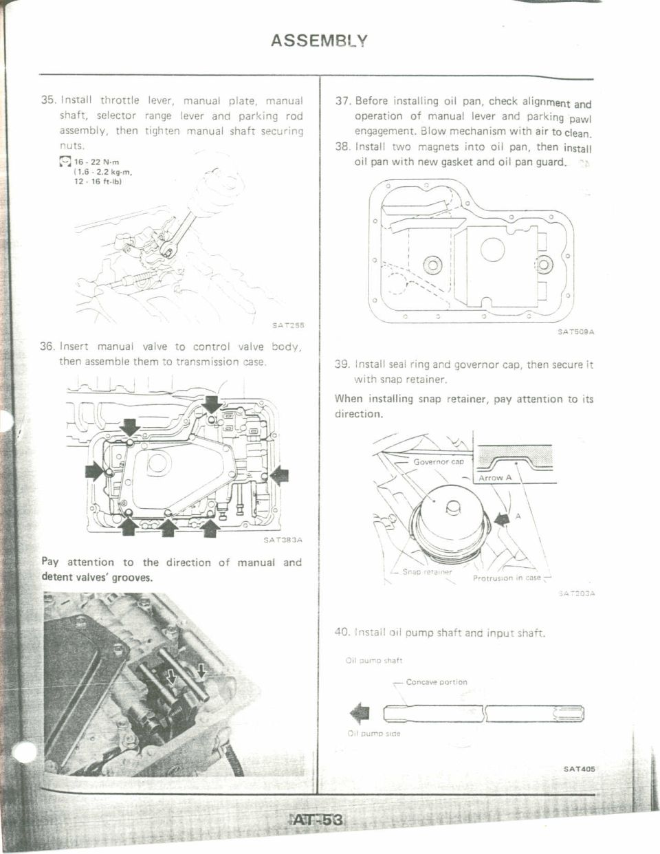 Service manual assembly page AT-53 with diagrams for transmission valve body, oil pan, and governor cap