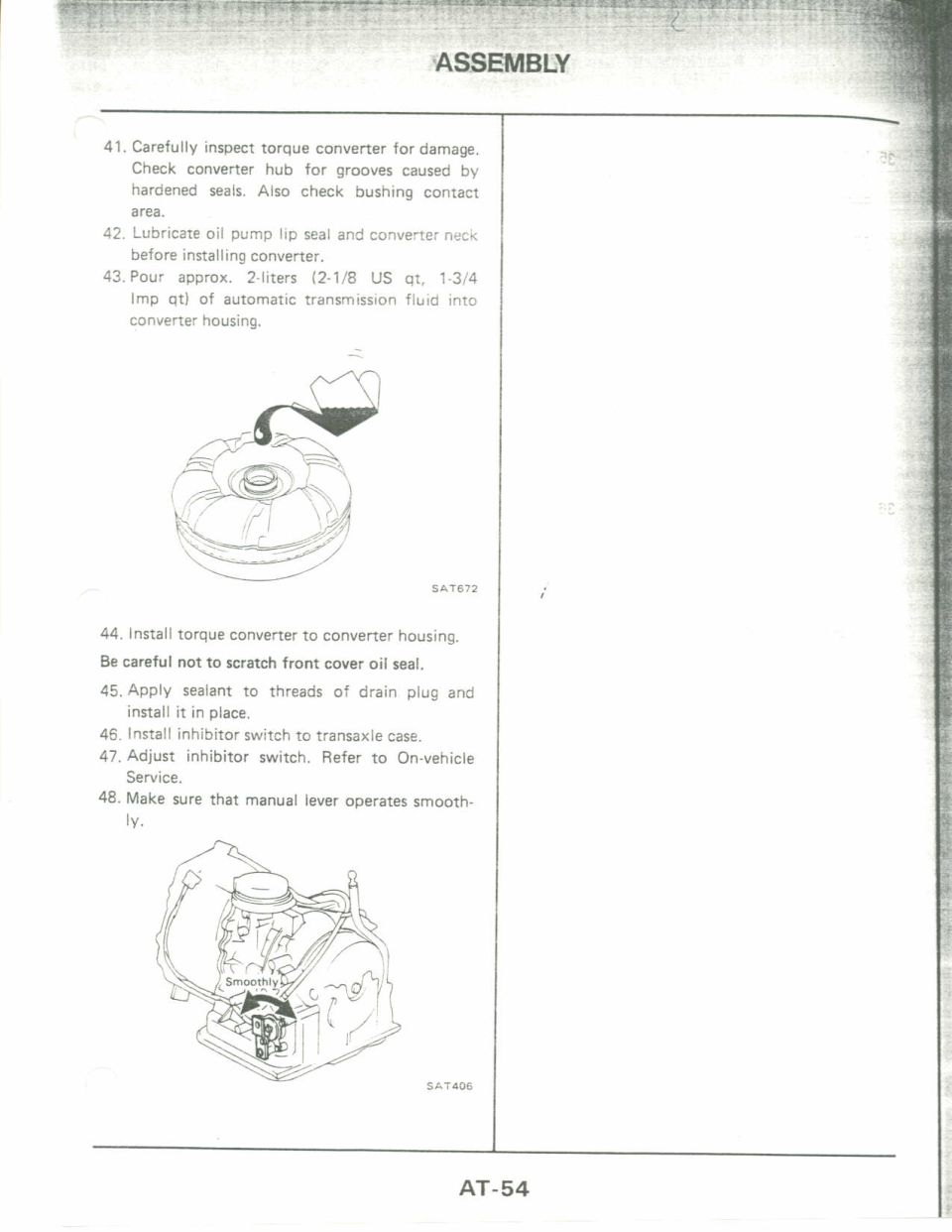 Automatic transaxle assembly: torque converter inspection and installation with ATF fill