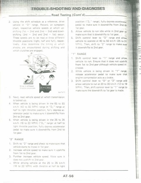 1990 Nissan Micra - Trouble-shooting and diagnoses for road testing from a service manual, page AT-56.