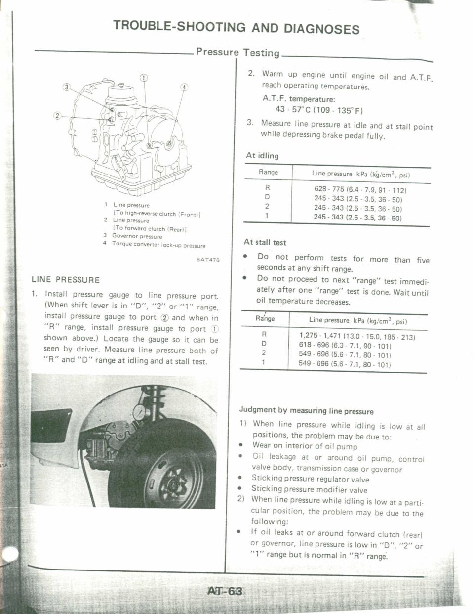 Service manual page AT-63 on automatic transmission line pressure testing with port diagram and tables