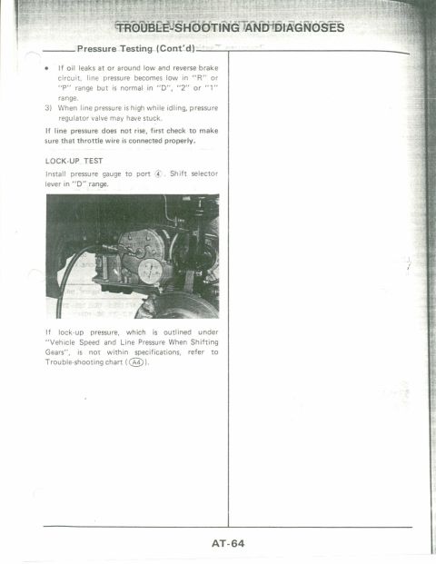 1990 Nissan Micra - This document page from a service manual discusses pressure testing and lock-up tests, including a diagram of mechanical components.
