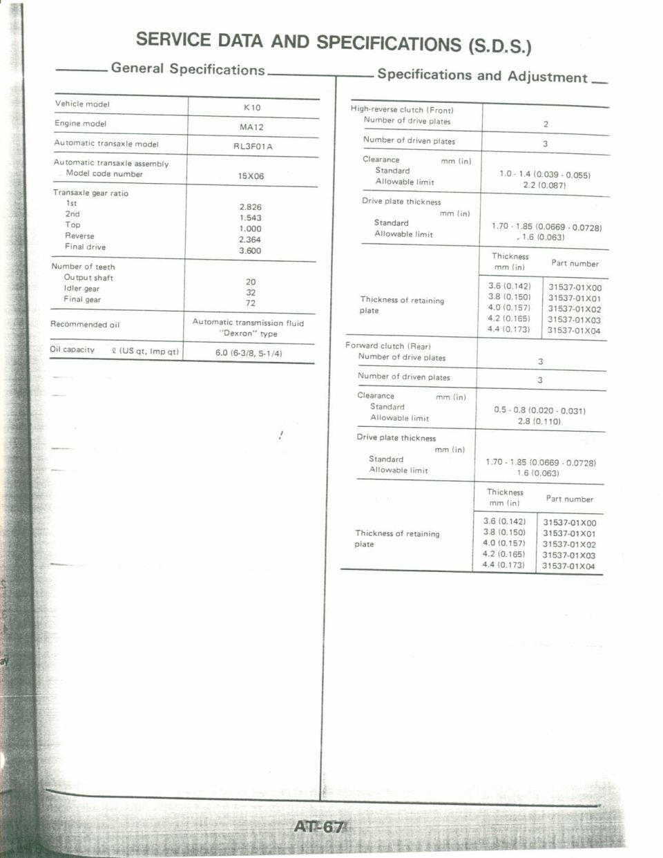 Manual page AT-67 with K10 MA12 automatic transaxle specifications tables