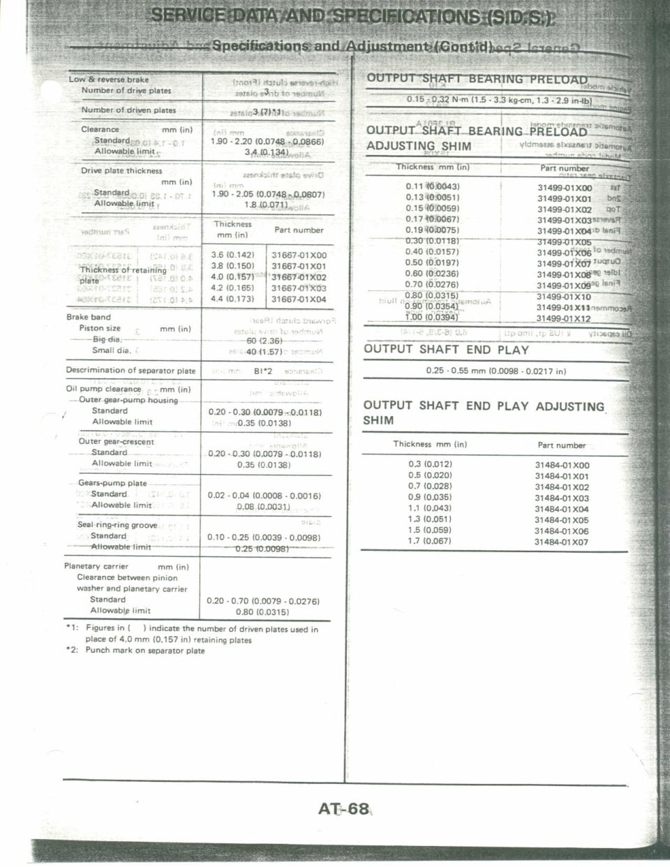 Service manual specifications page AT-68 with transmission clearance and shim part-number tables
