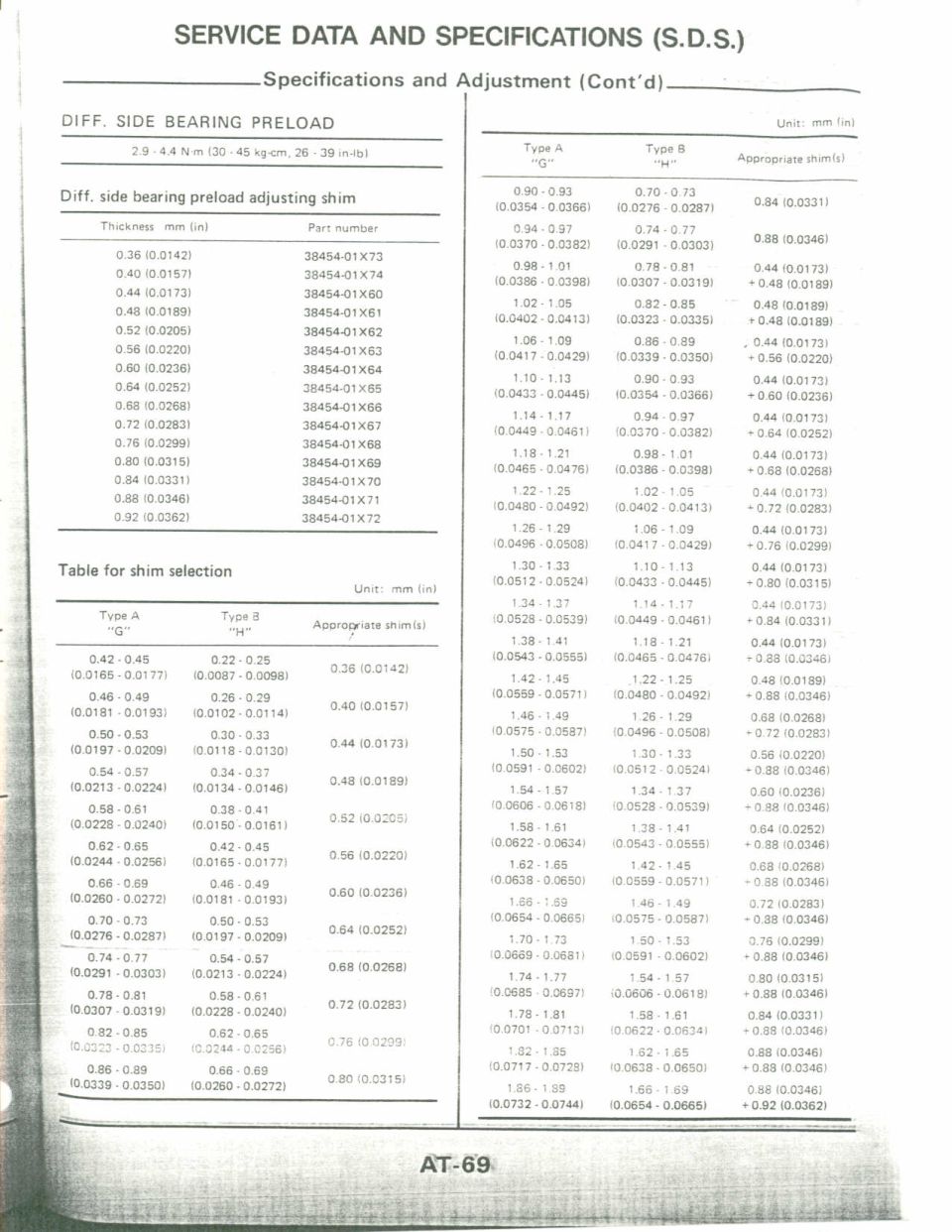 Service manual page AT-69: differential side bearing preload shim selection tables