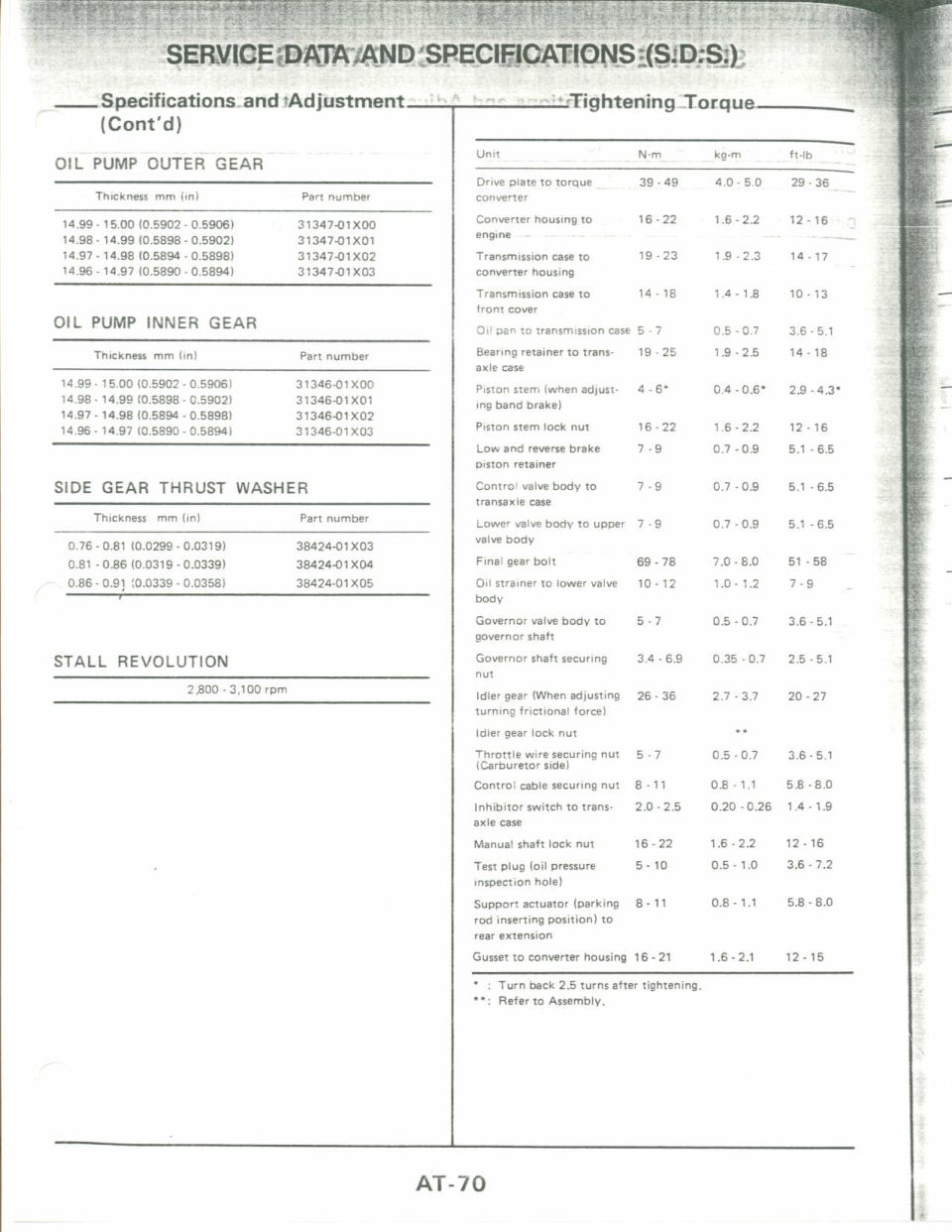 Service manual page AT-70 with transaxle gear part numbers and torque specs