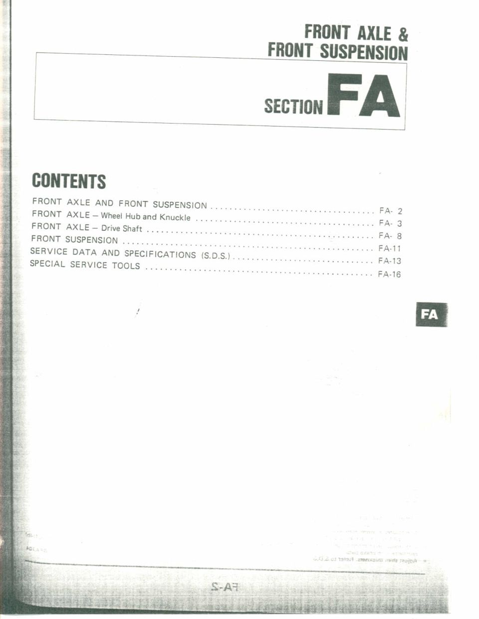Service manual page: Section FA Front Axle & Front Suspension contents