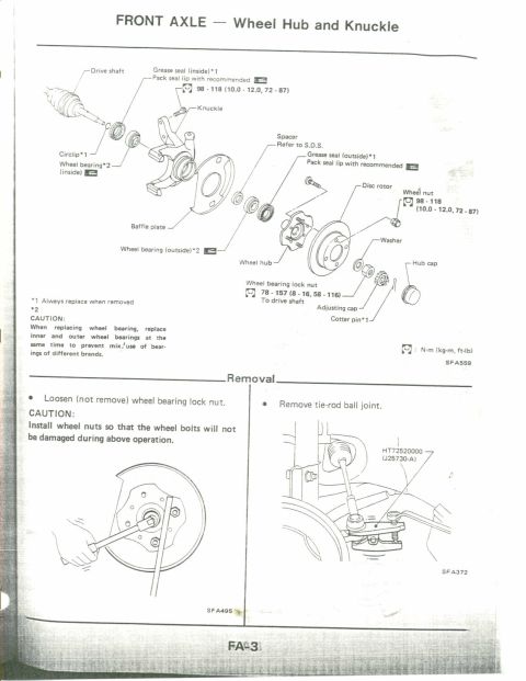 1990 Nissan Micra - This diagram illustrates the components of a front axle wheel hub and knuckle assembly, detailing their assembly and removal procedures.