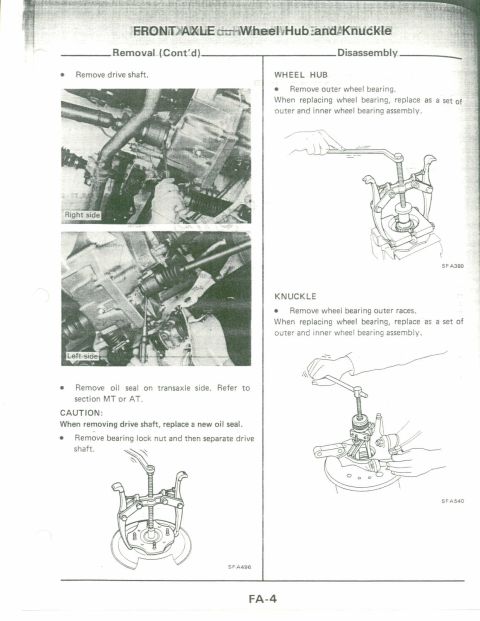1990 Nissan Micra - This document details the disassembly of the front axle wheel hub and knuckle, including diagrams for wheel bearing replacement.