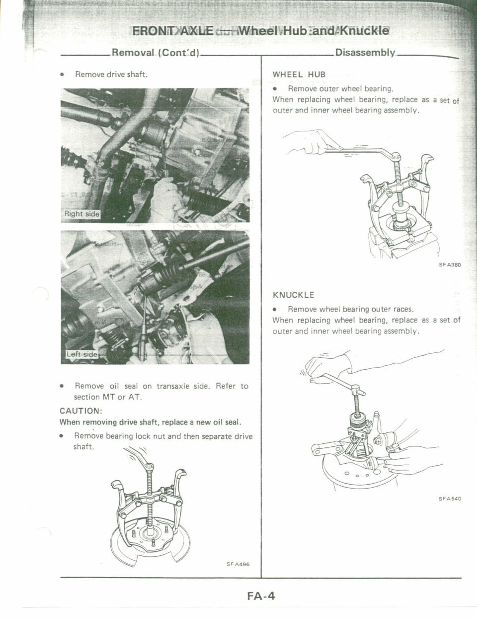 Front axle service manual page with drive shaft photos and bearing puller diagrams