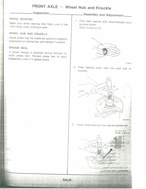 1990 Nissan Micra - This document provides instructions and diagrams for the inspection, assembly, and adjustment of a front axle wheel hub and knuckle.