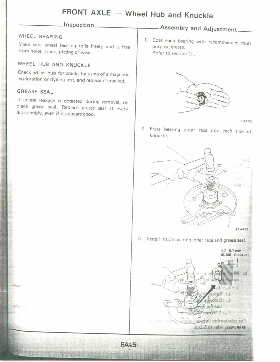 Front axle wheel hub and knuckle service manual page, page FA-5