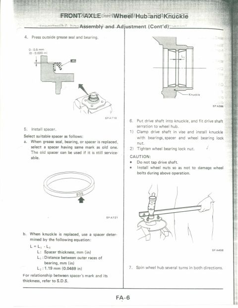 1990 Nissan Micra - This document page details the assembly and adjustment procedures for a vehicle's front axle wheel hub and knuckle.