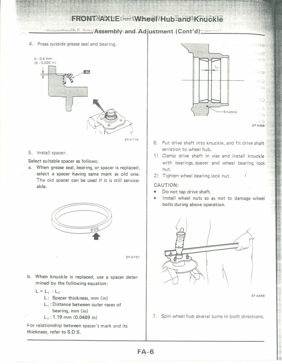 Service manual page showing front axle wheel hub and knuckle assembly diagrams