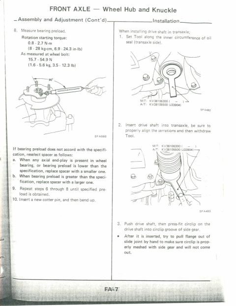 1990 Nissan Micra - Technical diagrams detail the assembly and installation of a front axle wheel hub and knuckle.