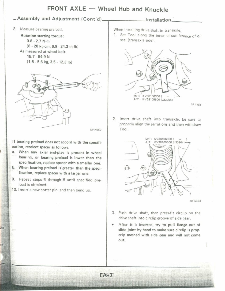 Front axle wheel hub and knuckle: bearing preload measurement and drive shaft install