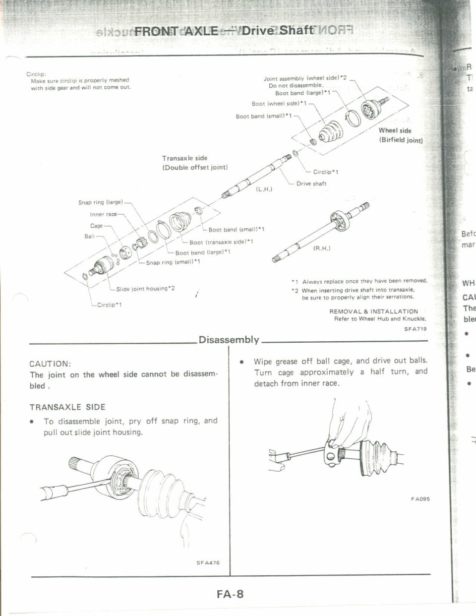 Exploded view of front drive shaft with CV joints, boots and snap rings