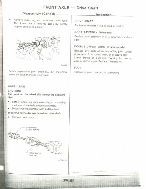 1990 Nissan Micra - Service manual page detailing the disassembly and inspection procedures for a front axle drive shaft.