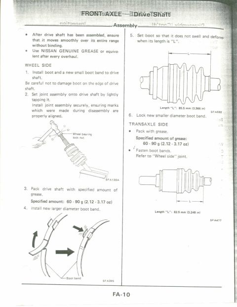 1990 Nissan Micra - This document page provides instructions and diagrams for drive shaft assembly and boot replacement.