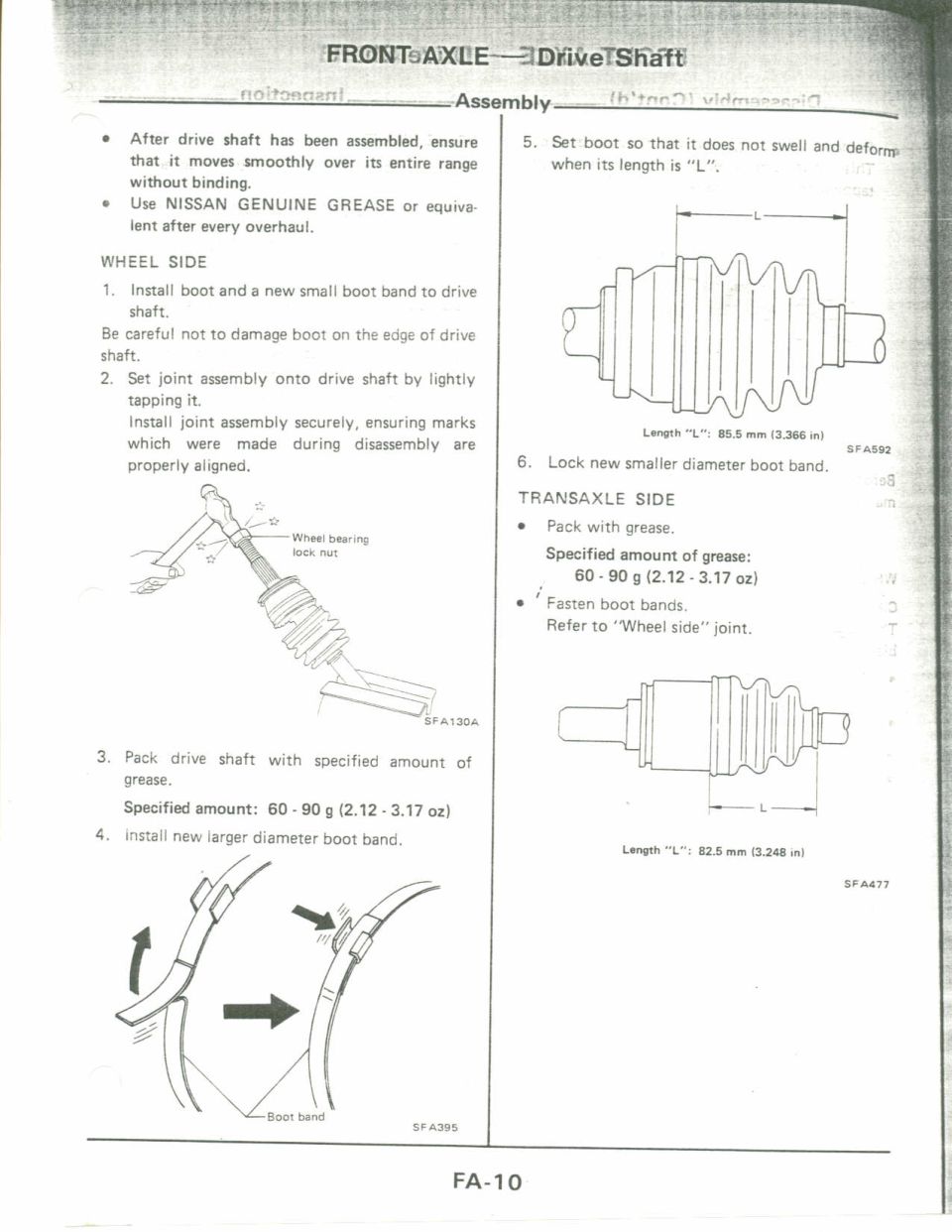 Nissan drive shaft assembly service manual page FA-10 with CV boot diagrams
