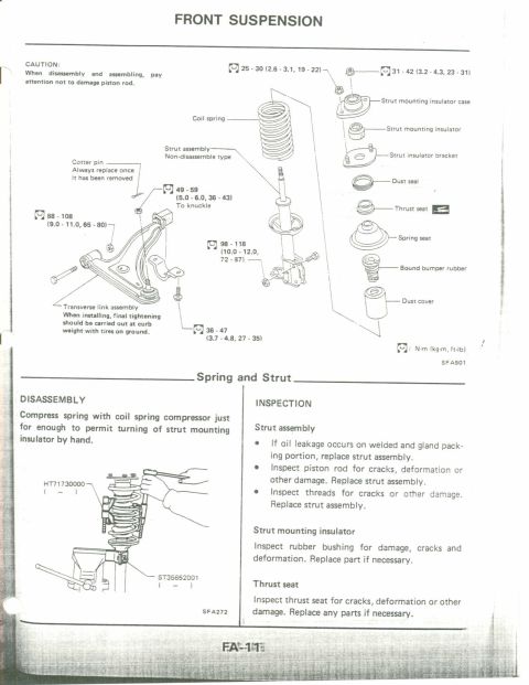 1990 Nissan Micra - This diagram illustrates the front suspension system, detailing its parts and maintenance procedures.
