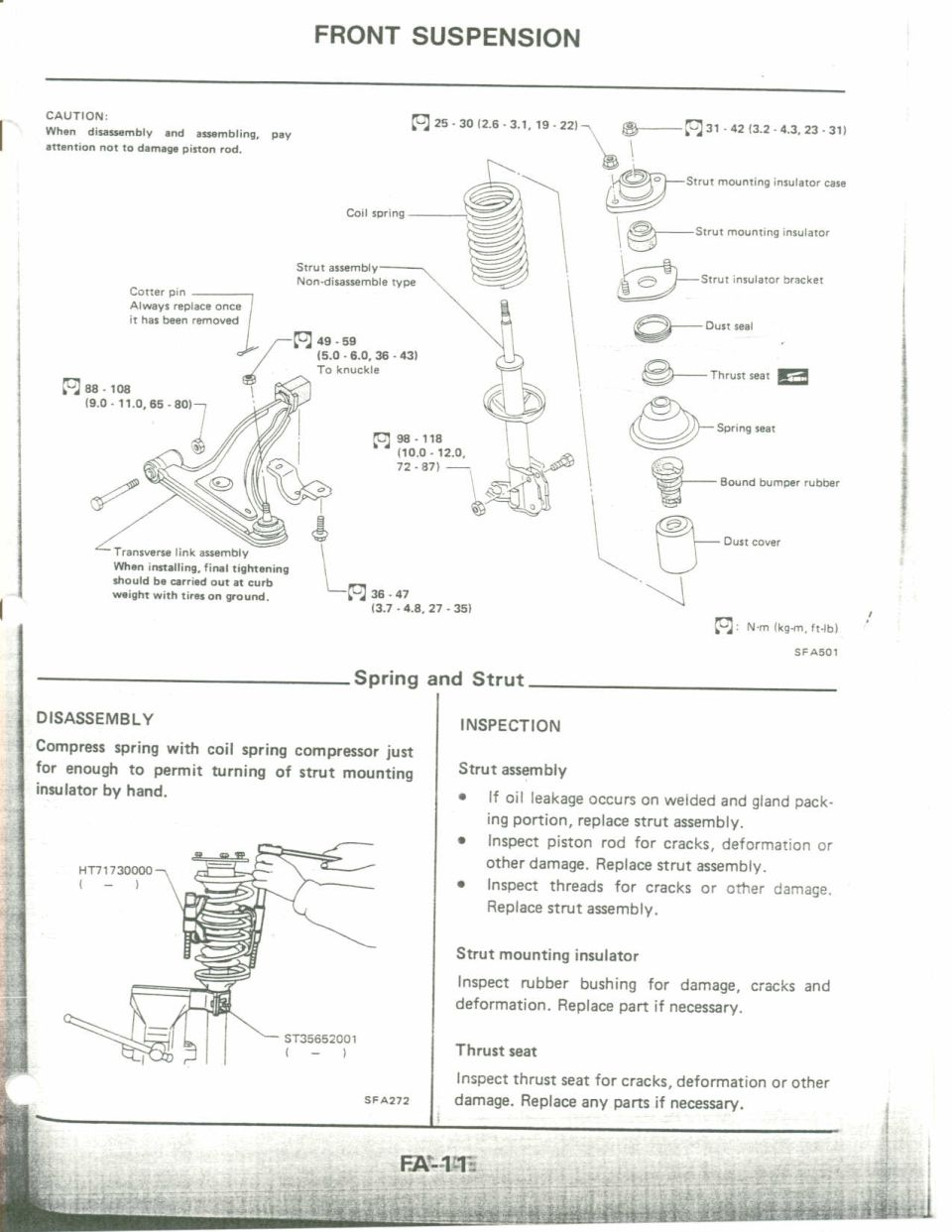 Exploded view of front suspension strut and coil spring with torque specs