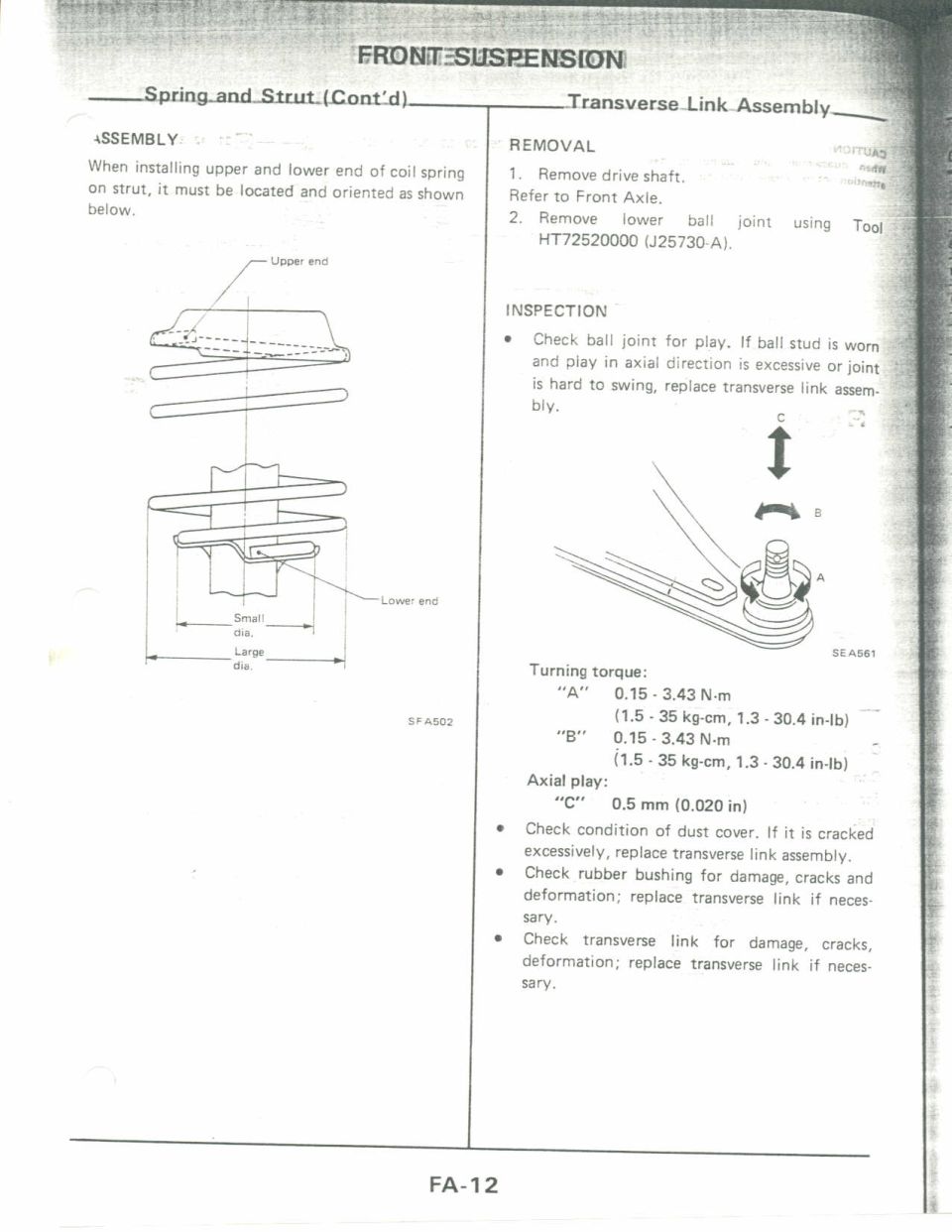 Front suspension: coil spring/strut assembly orientation and transverse link ball joint inspection