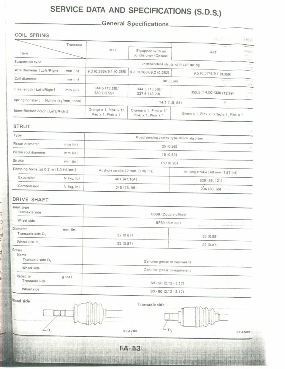Service manual page FA-13 with coil spring, strut, and drive shaft specifications and diagrams
