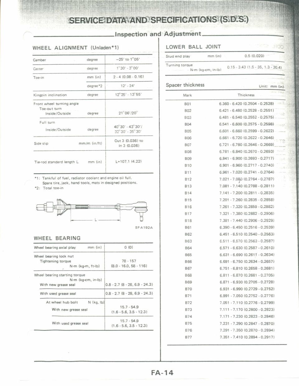 Service Data and Specifications: wheel alignment, wheel bearing and lower ball joint spec tables