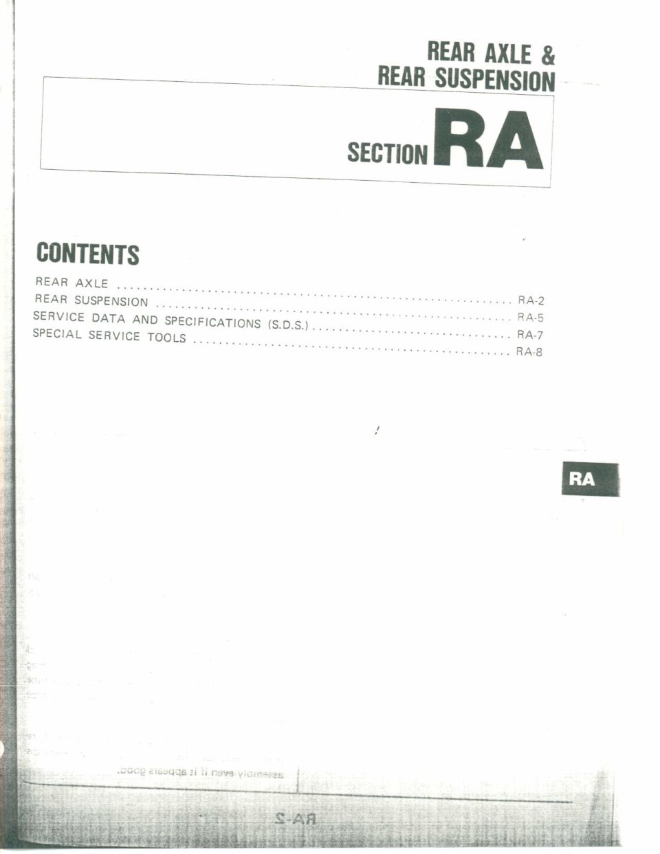 Service manual page for Rear Axle & Rear Suspension, Section RA, with contents list