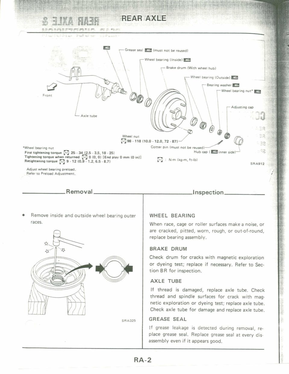 Exploded view of rear axle with brake drum, bearings, seals and torque specs